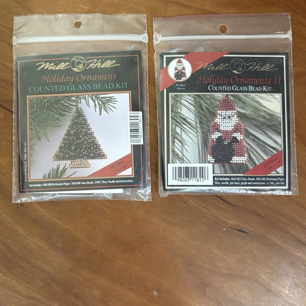2 Mill Hill Holiday Ornament Or Pin Counted Glass Bead Kits Santa & Tree